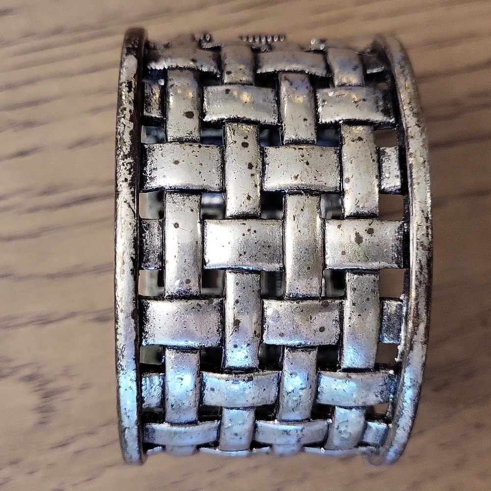 Rustic & Distressed Silvertone Cuff Bracelet,  Basket Weave Design.